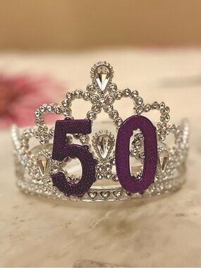 NWT 50th Birthday Tiara Silver Rhinestone Crown Purple 50 Accent Milestone Vtg
